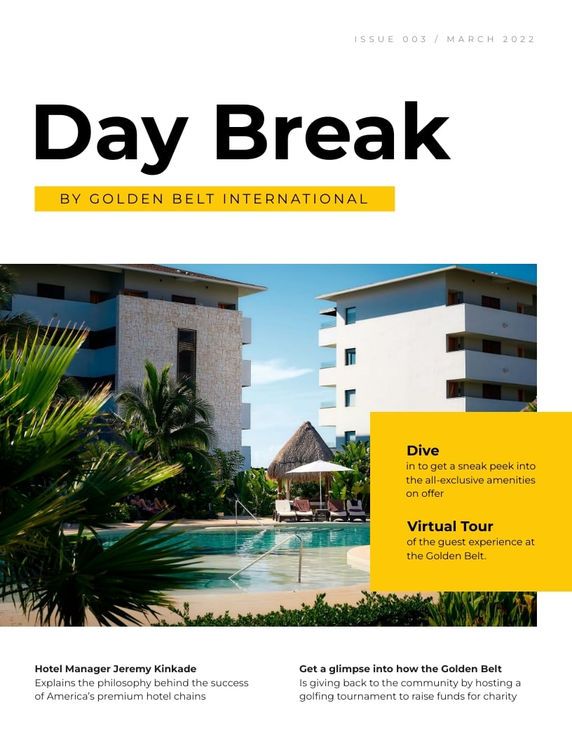 Sleek Golden Belt International Hotel Magazine Template