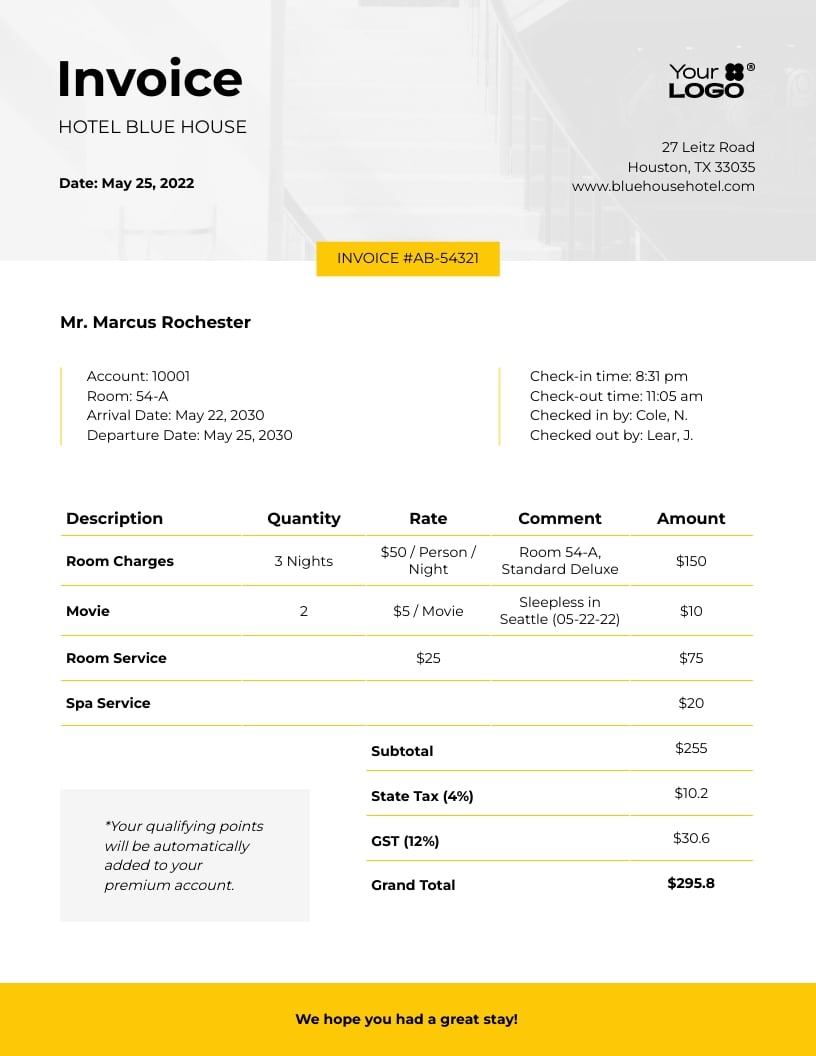Sleek Hotel Invoice Template