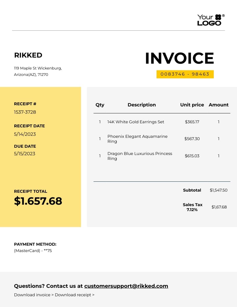 Sleek Jewelry Purchase Receipt Invoice Template
