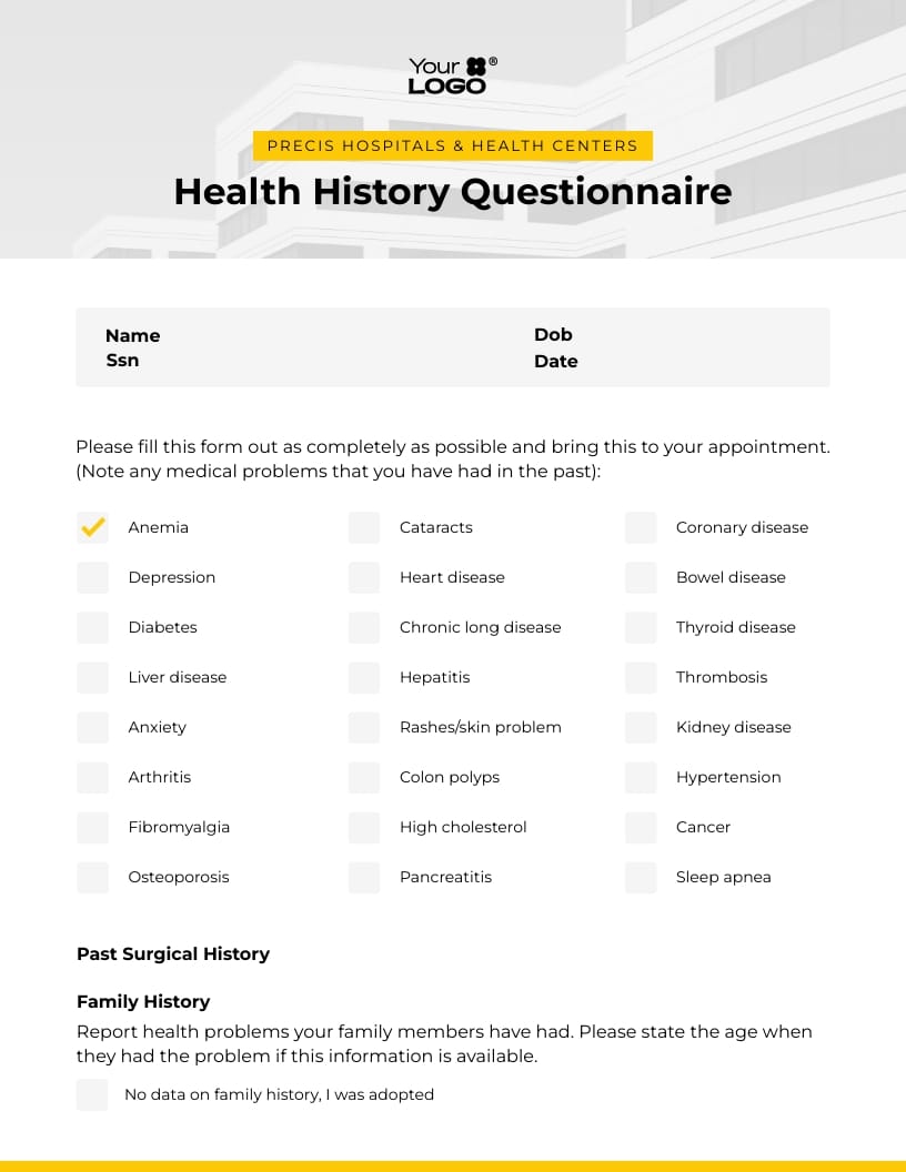 Sleek Medical History Questionnaire Worksheet Template