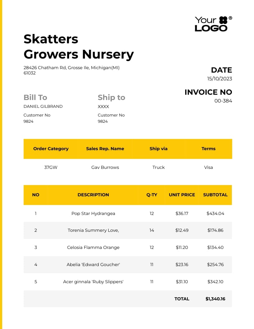 Sleek Plant Nursery Commercial Invoice Template