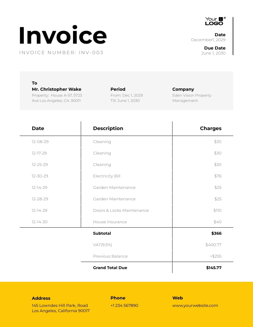 Sleek Real Estate Property Management Invoice Template
