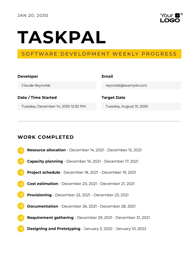 Sleek Software Development Weekly Progress Report Template