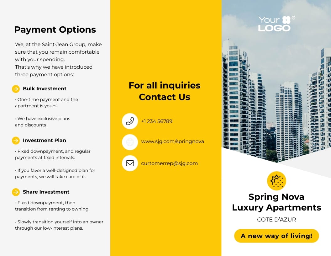 Sleek Spring Nova Luxury Apartments Trifold Brochure Template
