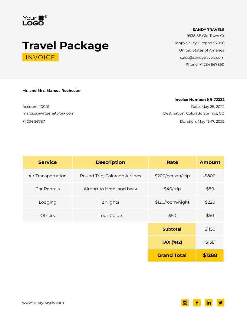Sleek Travel Package Invoice Template