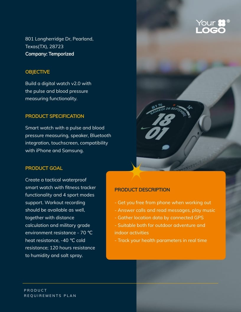 Smart Watch Product Requirements Plan Template | Visme