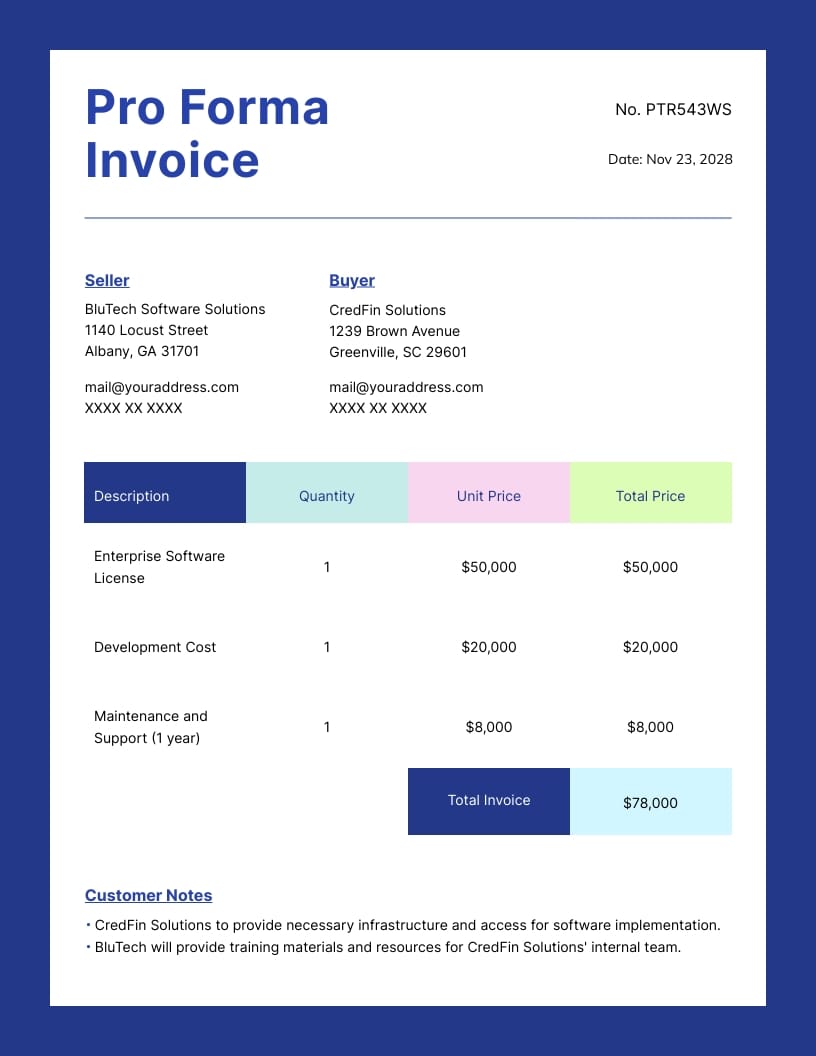 Software Services Pro Forma Invoice Template