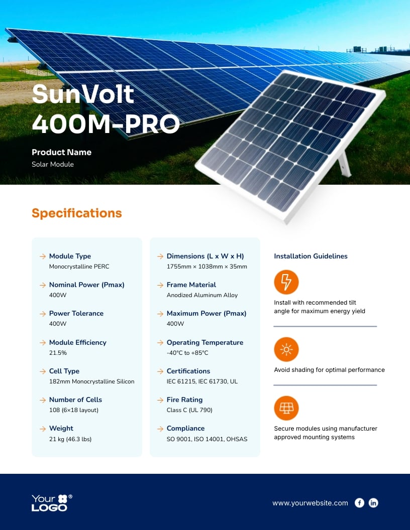 Solar Module Spec Sheet Template