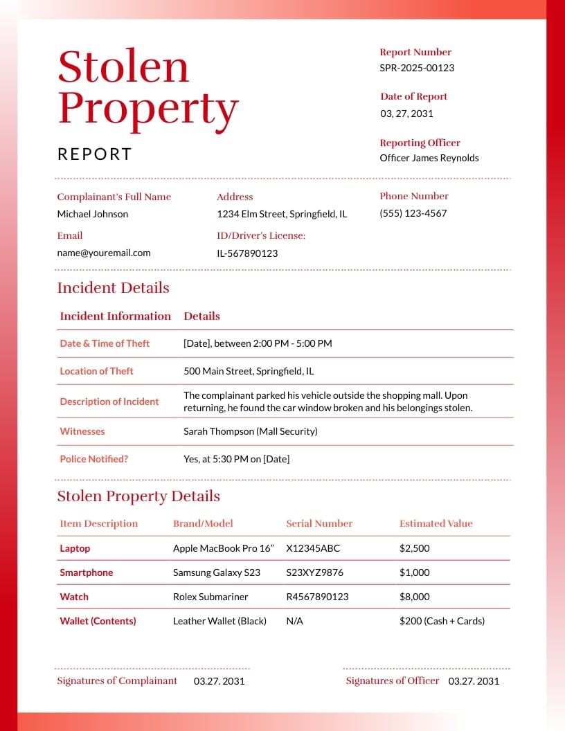 Stolen Property Report Template