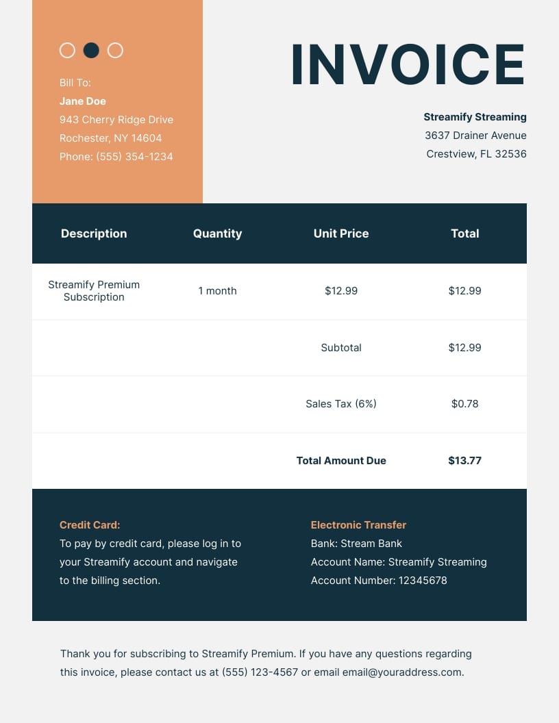 Streaming Service Payment Invoice Template