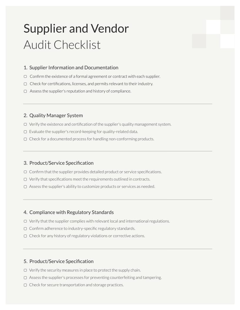 Supplier and Vendor Audit Checklist Template