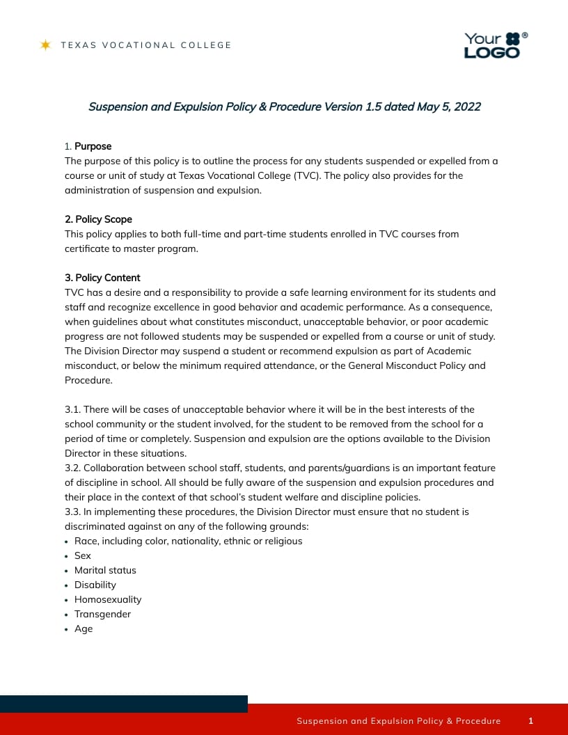 Suspension and Expulsion Policy Contract Template - Slide 2 Suspension and Expulsion Policy Contract Template - Slide 2
