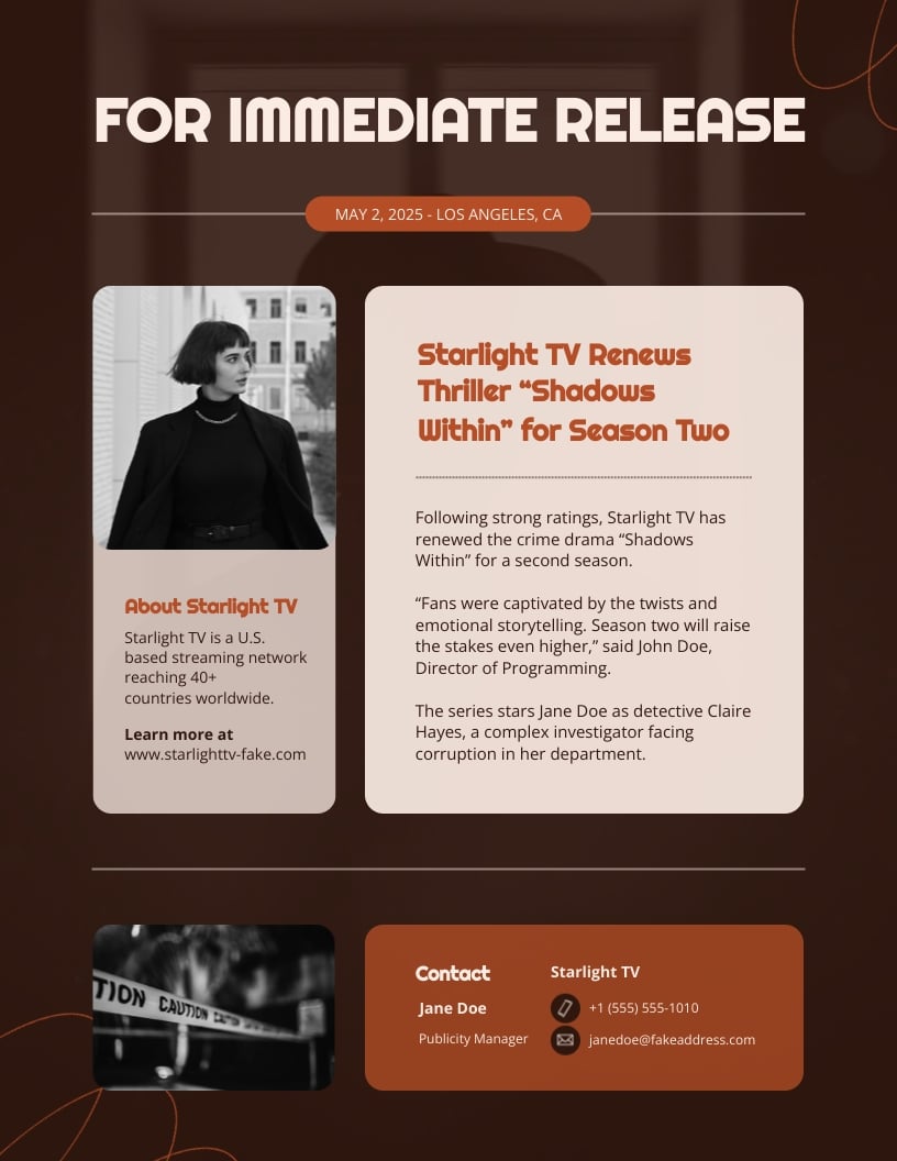 TV Series Press Release Template TV Series Press Release Template