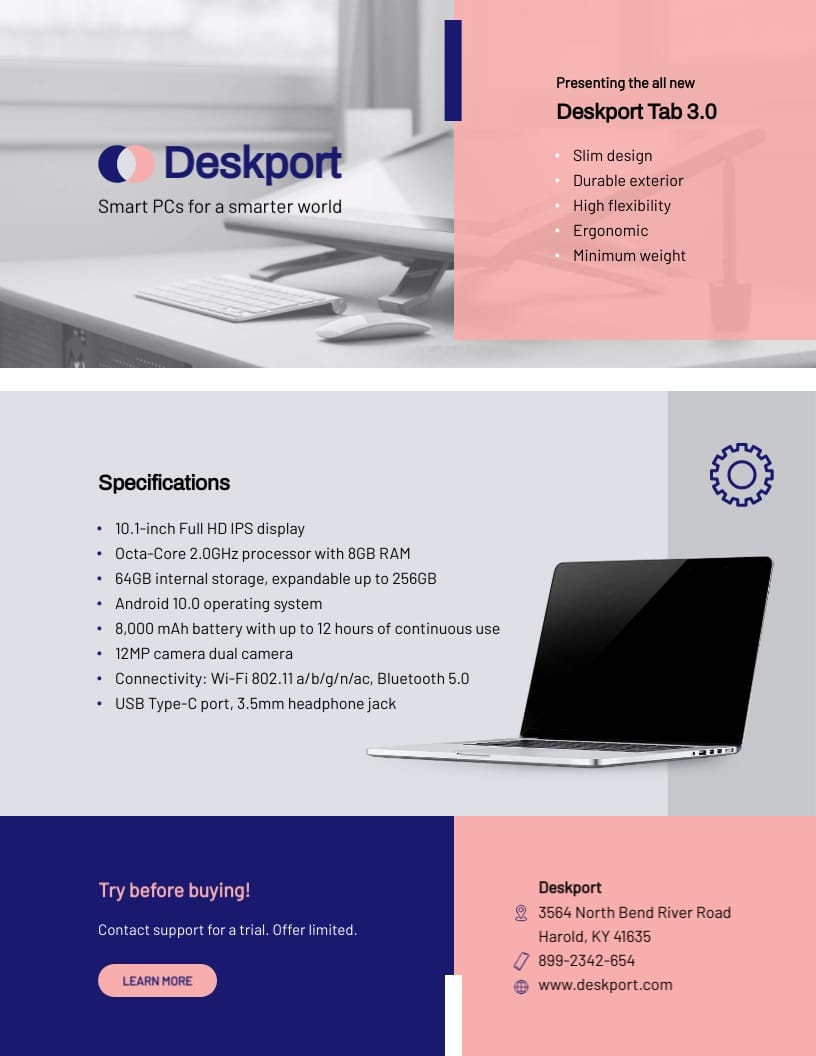 Tablet PC Product Sell Sheet Template
