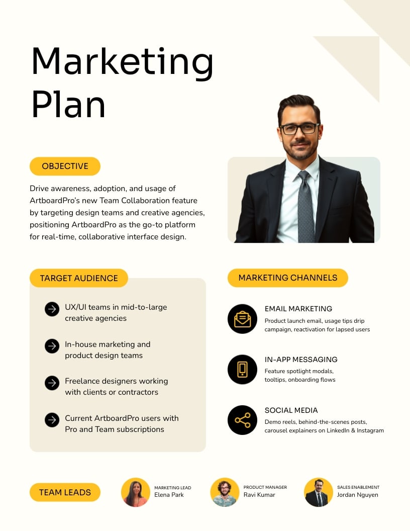 Team Marketing Plan One Pager Template