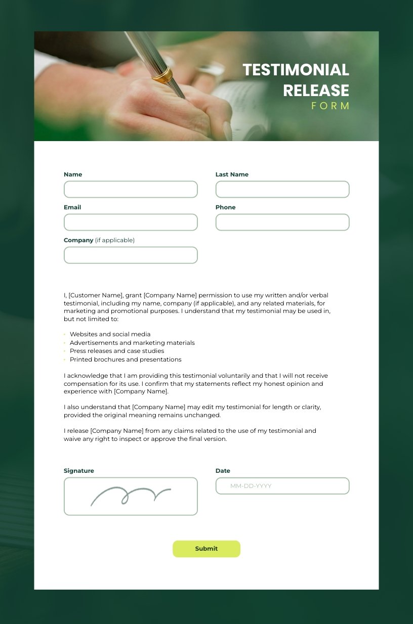 Testimonial Release Form Template