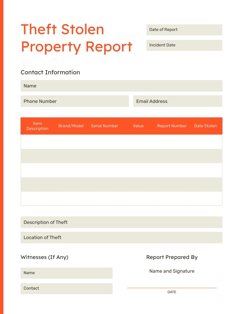 Theft Stolen Property Report Template