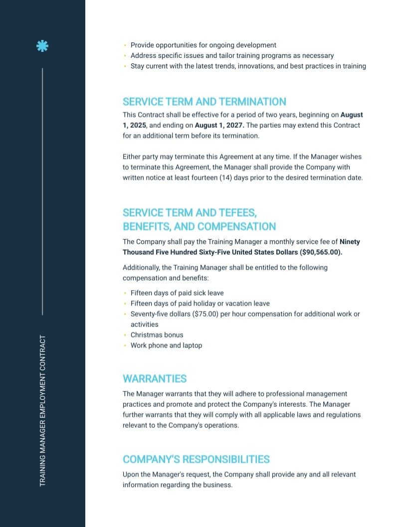Training Manager Employment Contract Template - Slide 2 Training Manager Employment Contract Template - Slide 2