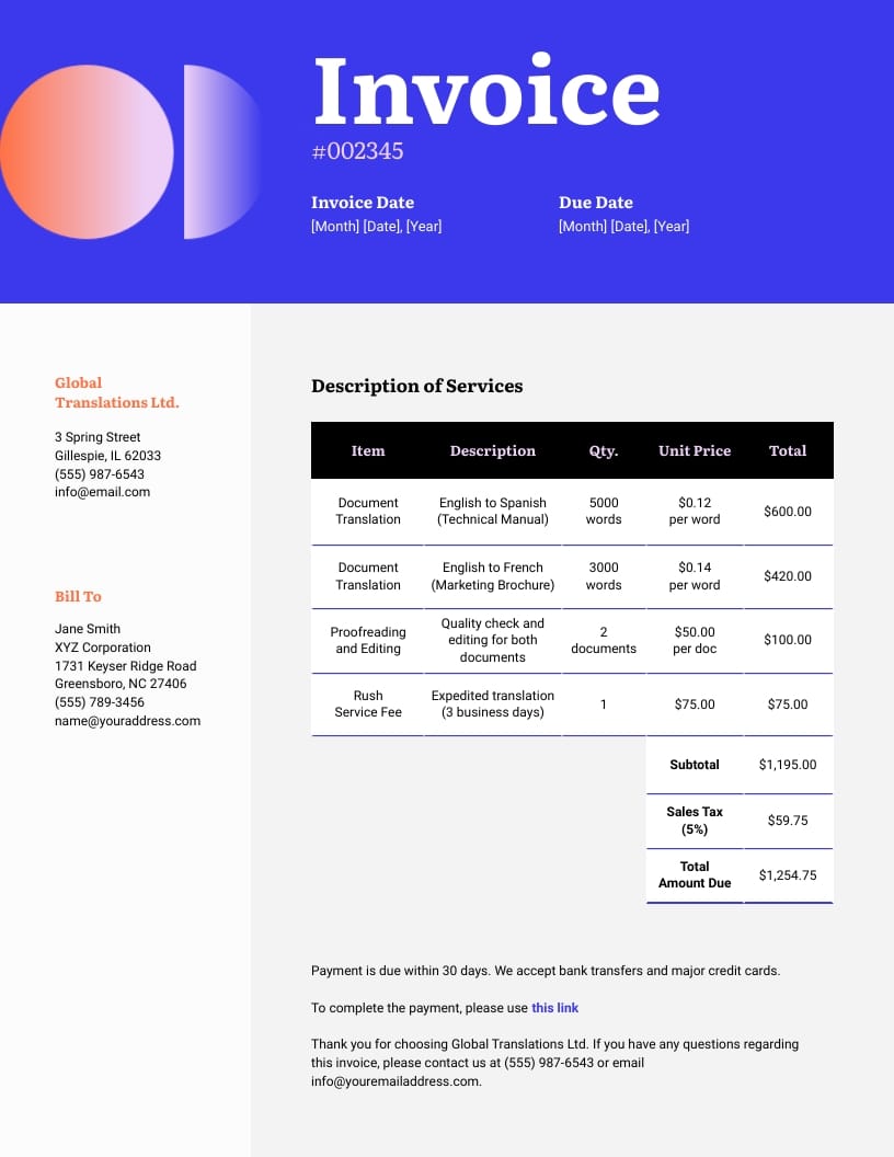 Translation Services Payment Invoice Template