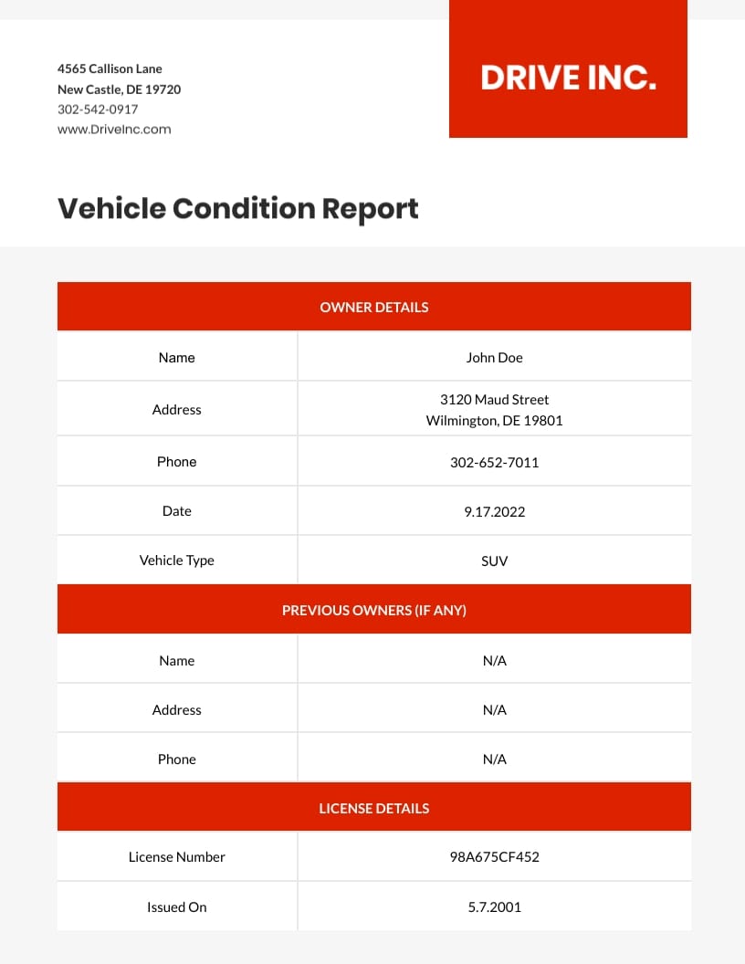Vehicle Condition Report Template
