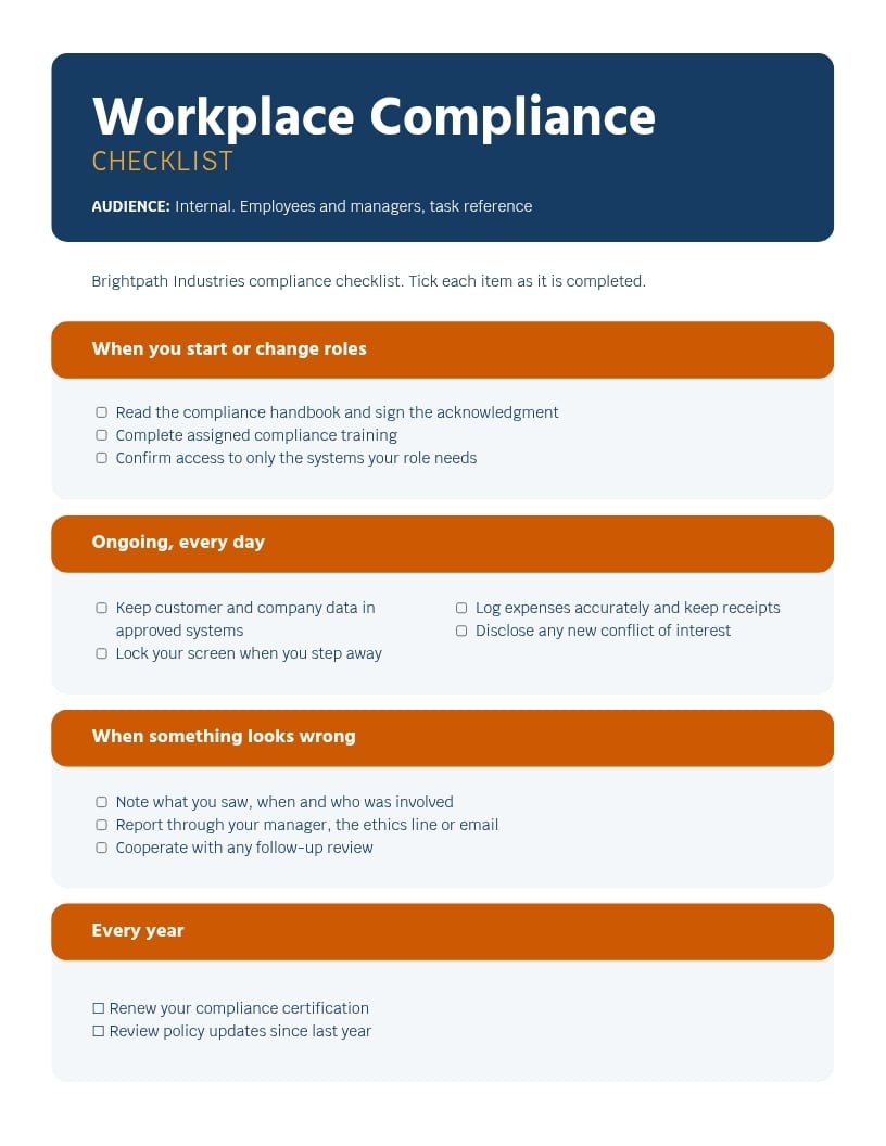 Workplace Compliance Checklist Template
