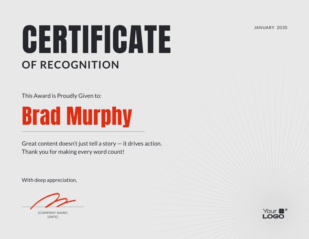 Writer Employee Recognition Certificate Template