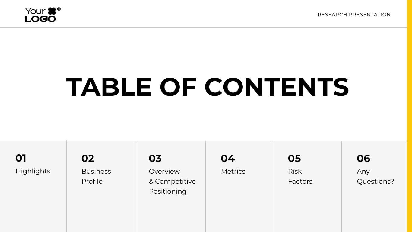 Sleek Investment Research Presentation Template - Slide 2 Sleek Investment Research Presentation Template - Slide 2