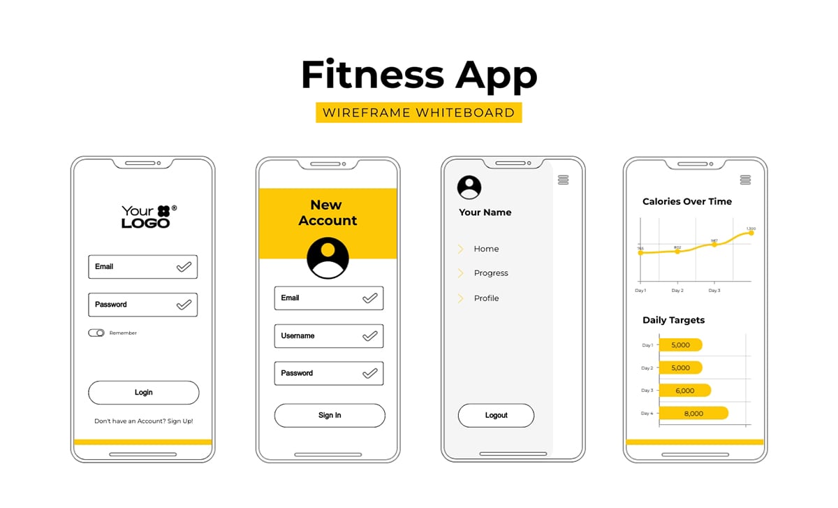 Sleek Fitness App Wireframe Whiteboard Template