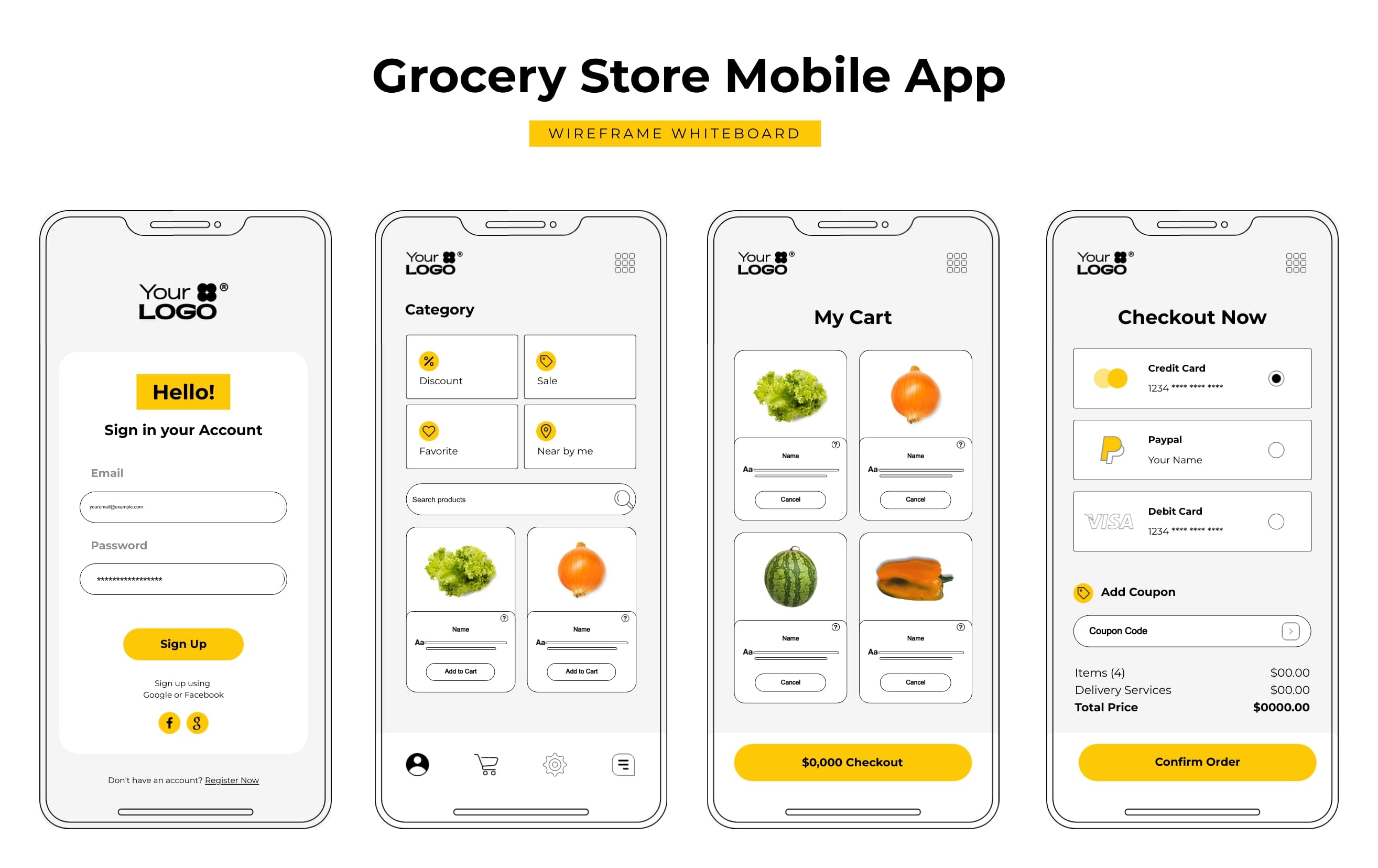 Sleek Grocery Store Mobile App Wireframe Whiteboard Template