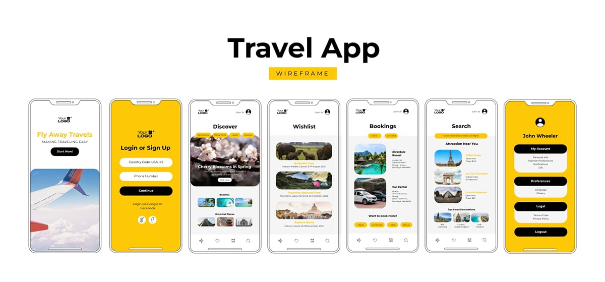 Sleek Travel App Wireframe Whiteboard Template